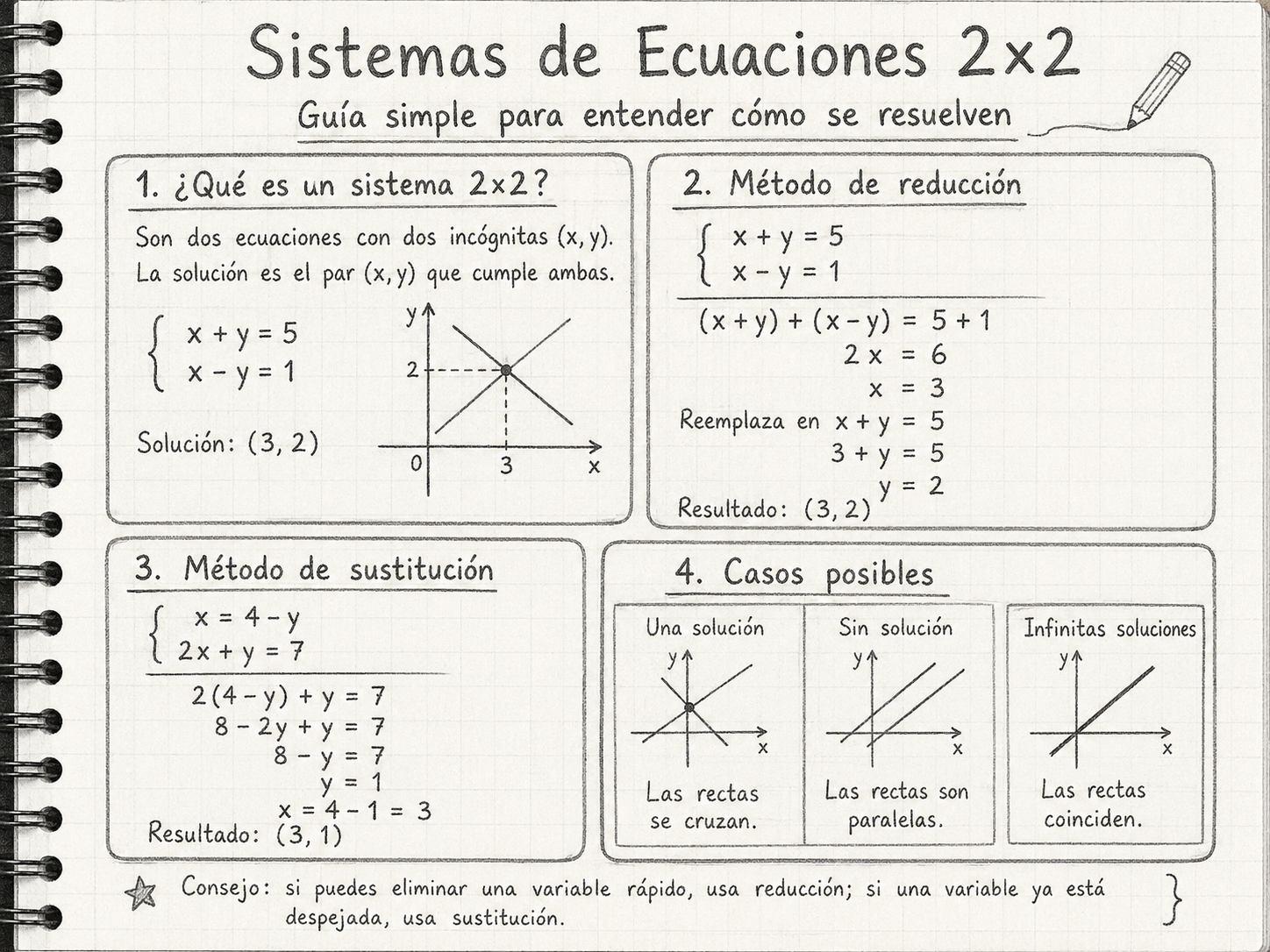 Guía visual sistemas de ecuaciones 2x2: métodos de resolución y tipos de sistemas