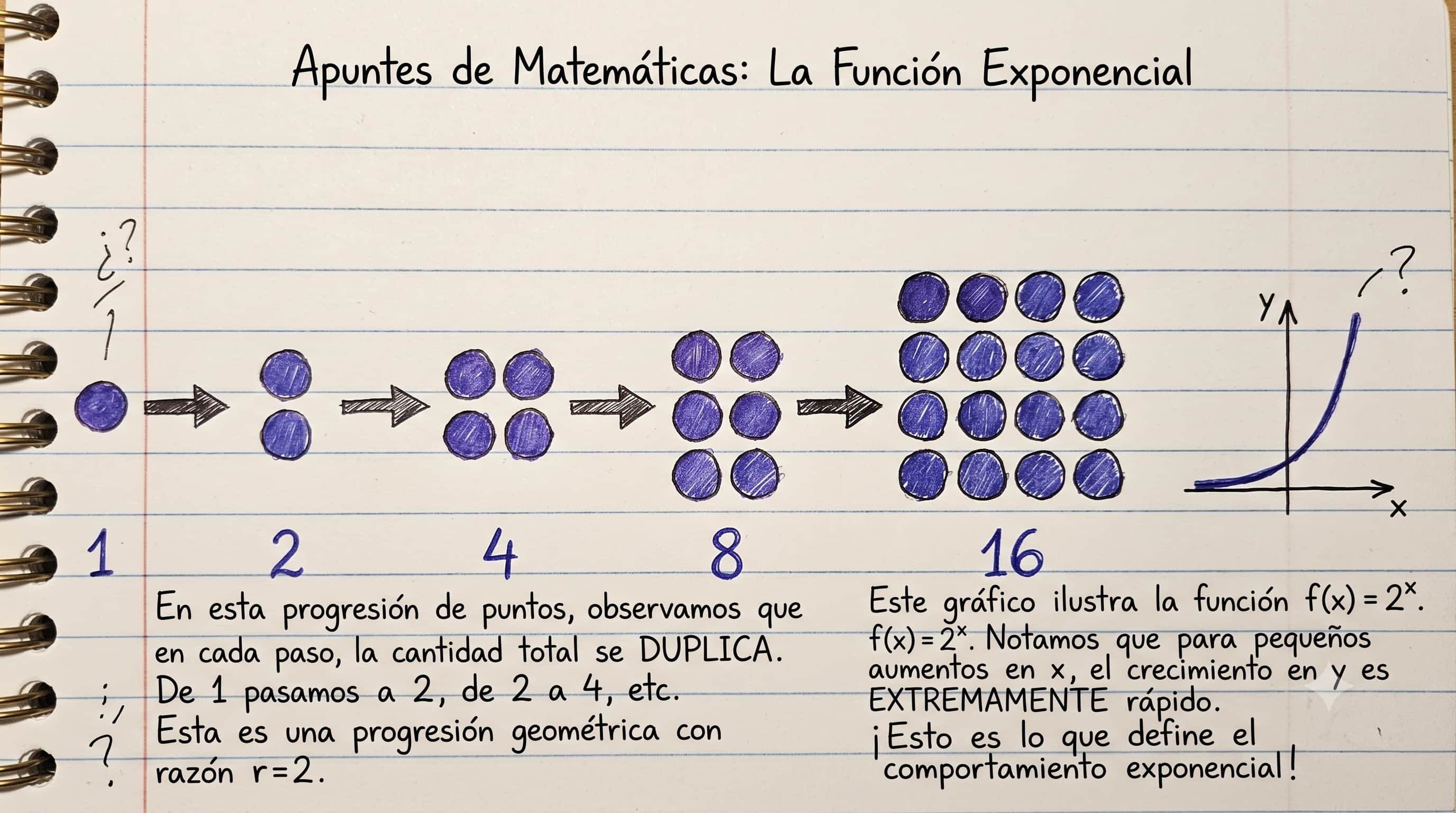 Secuencia de crecimiento exponencial: 1, 2, 4, 8, 16 — cada paso multiplica por 2