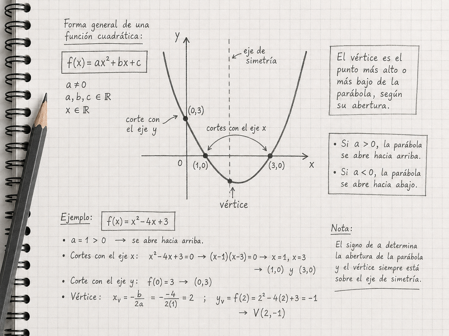 Infografía de la función cuadrática: fórmula general, gráfica con vértice, eje de simetría y cortes con los ejes, y ejemplo resuelto