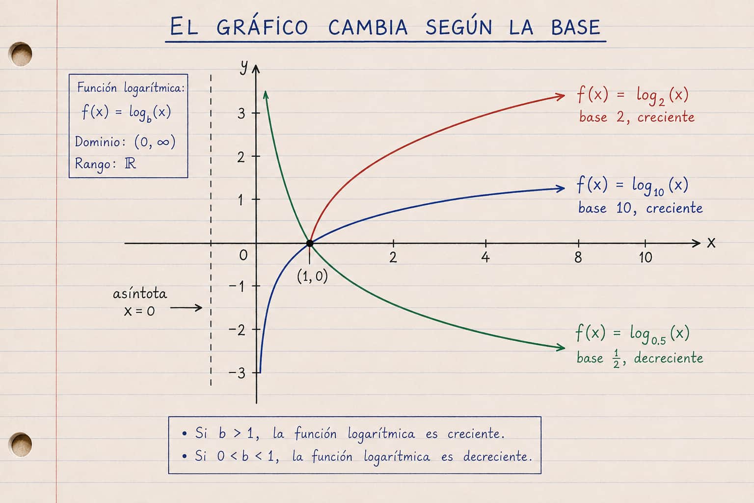Comparación de gráficos logarítmicos según la base: base 2 y base 10 son crecientes, base 1/2 es decreciente