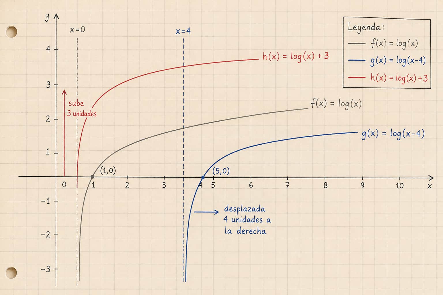 Comparación de tres curvas logarítmicas: f(x)=log(x) en gris, g(x)=log(x-4) desplazada a la derecha en azul, h(x)=log(x)+3 desplazada hacia arriba en rojo