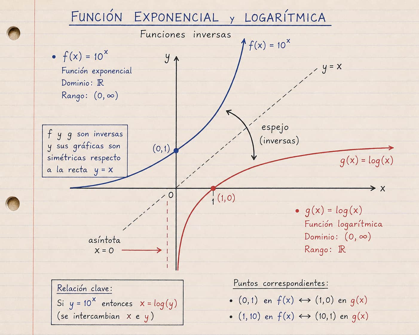 Comparación de la función logarítmica y la exponencial como funciones inversas simétricas respecto a y=x