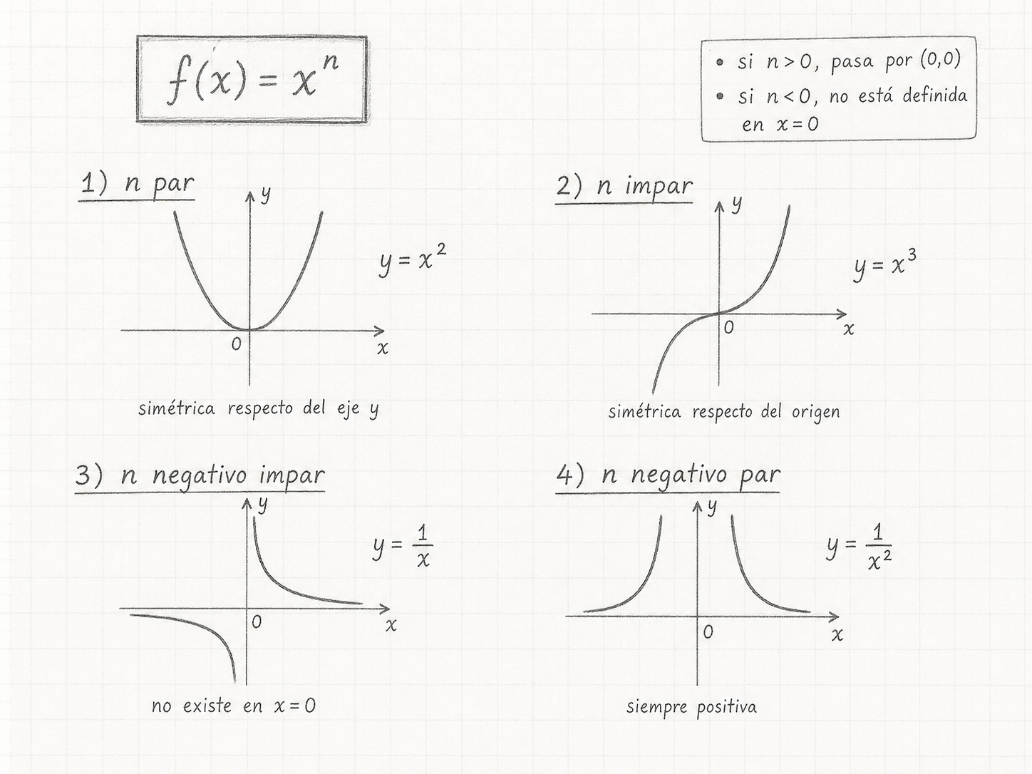 Los 4 casos de la función potencia f(x)=xⁿ: n par (parábola simétrica eje Y), n impar (cúbica simétrica al origen), n negativo impar (hipérbola 1/x), n negativo par (1/x² siempre positiva)