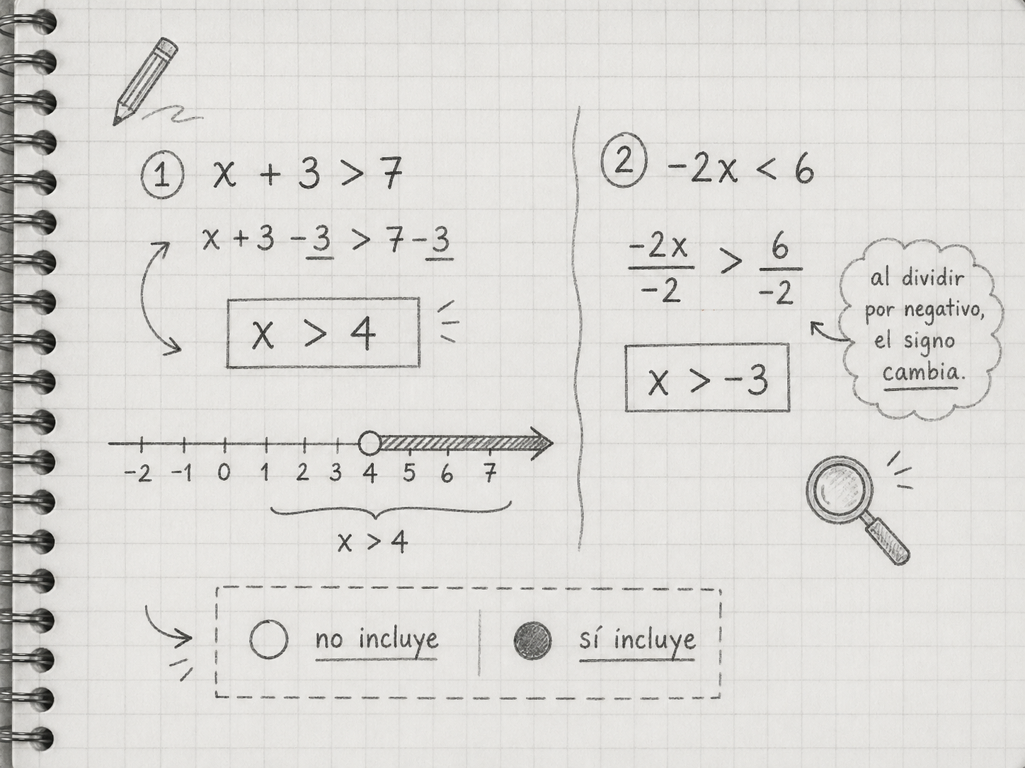 Cuaderno con dos ejemplos: x+3 mayor que 7 mantiene signo, menos 2x menor que 6 invierte a x mayor que menos 3. Leyenda: círculo abierto no incluye, círculo cerrado sí incluye.