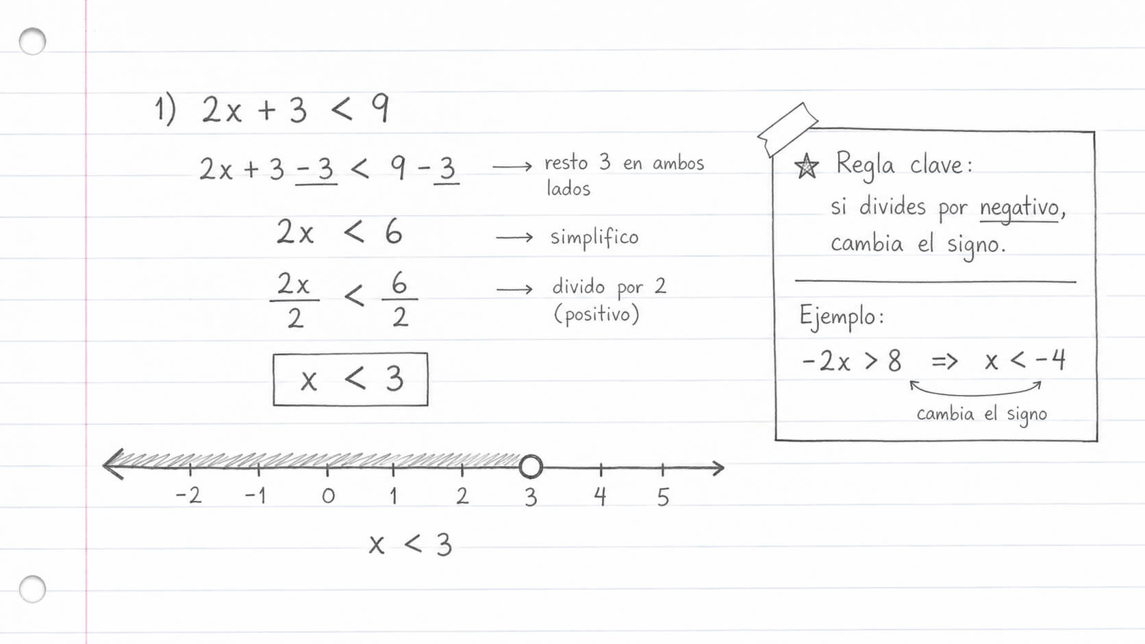 Cuaderno a mano: resolución de 2x + 3 menor que 9 paso a paso — resta 3, divide por 2 positivo, resultado x menor que 3 con recta numérica y círculo abierto.
