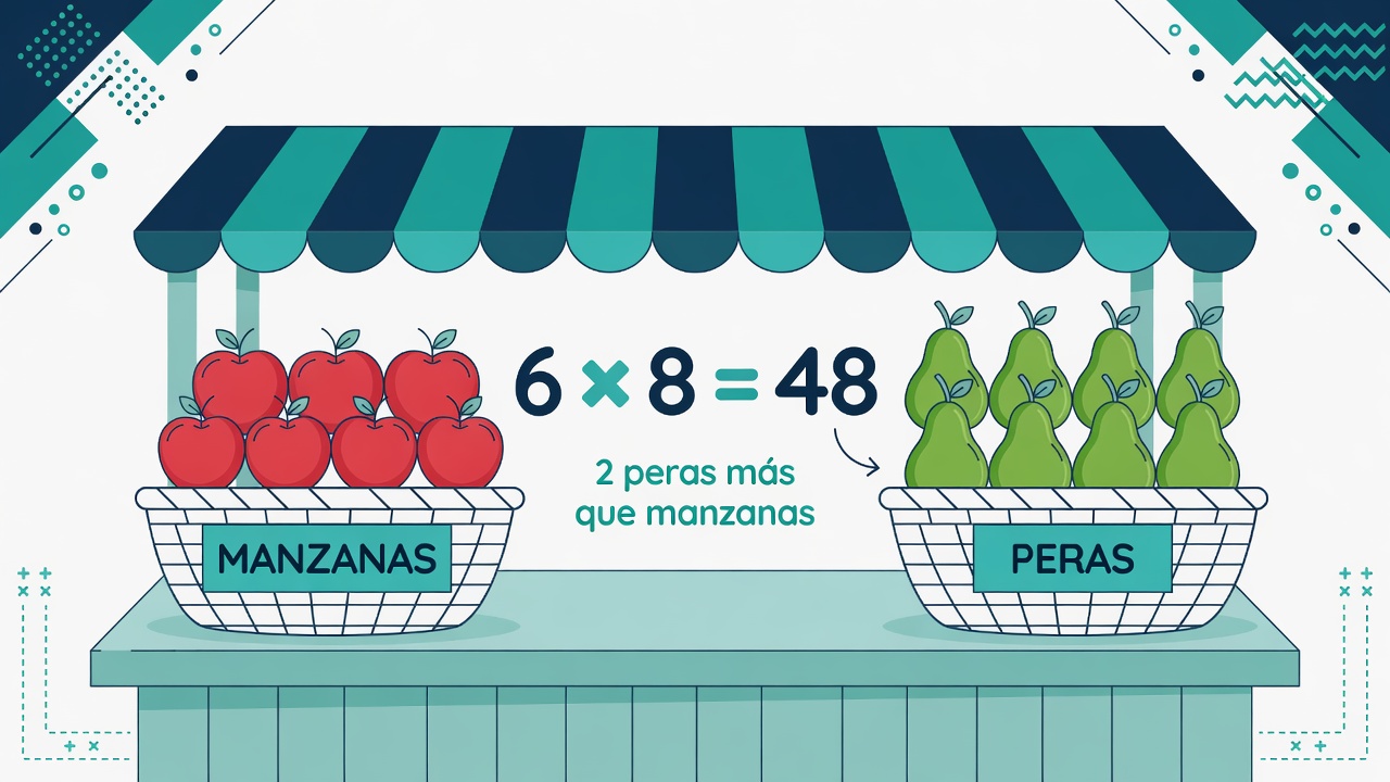 Ilustración: 6 manzanas y 8 peras, producto 48, dos peras más que manzanas