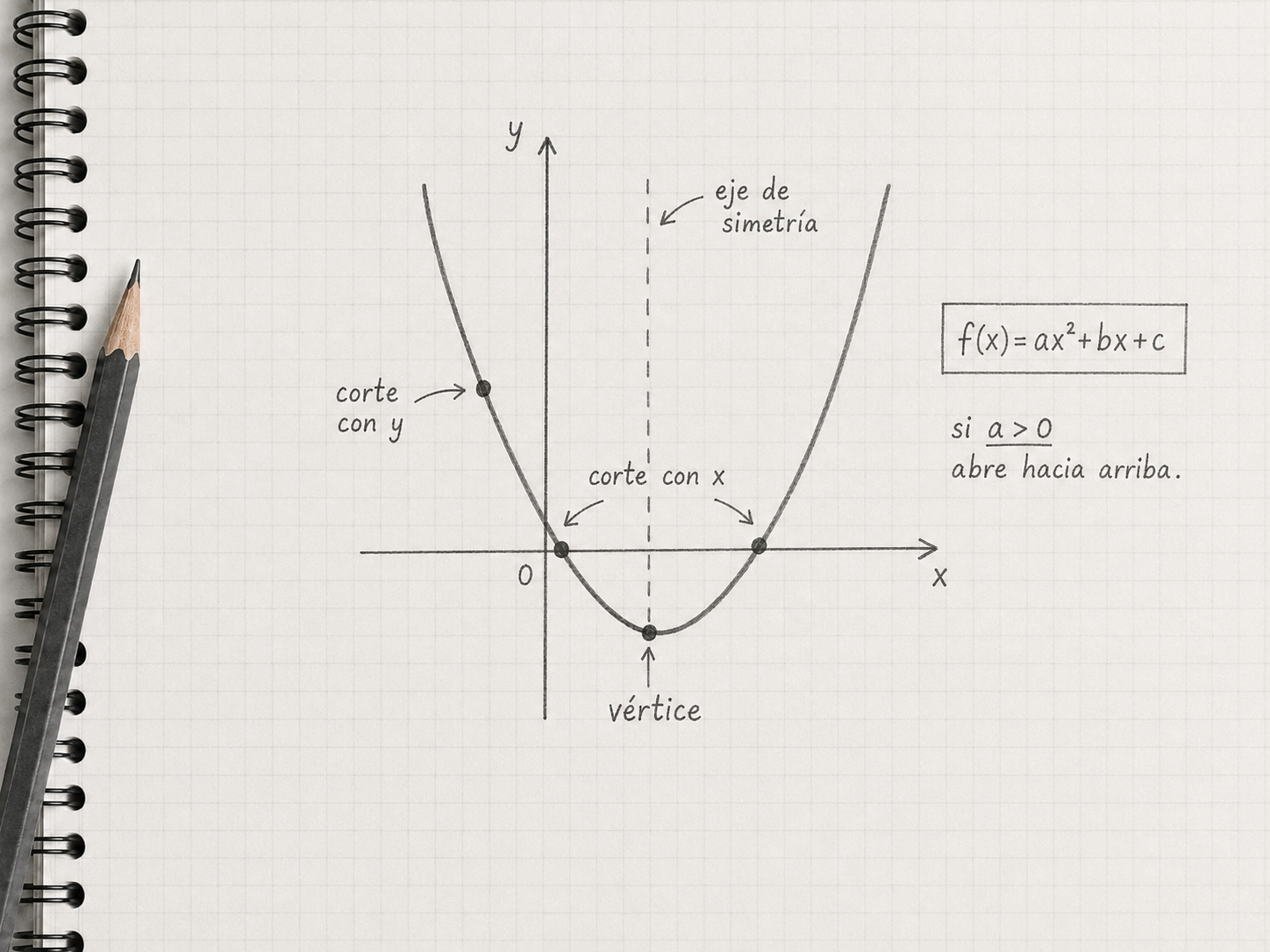 Parábola etiquetada: eje de simetría, corte con y, corte con x, vértice y fórmula general