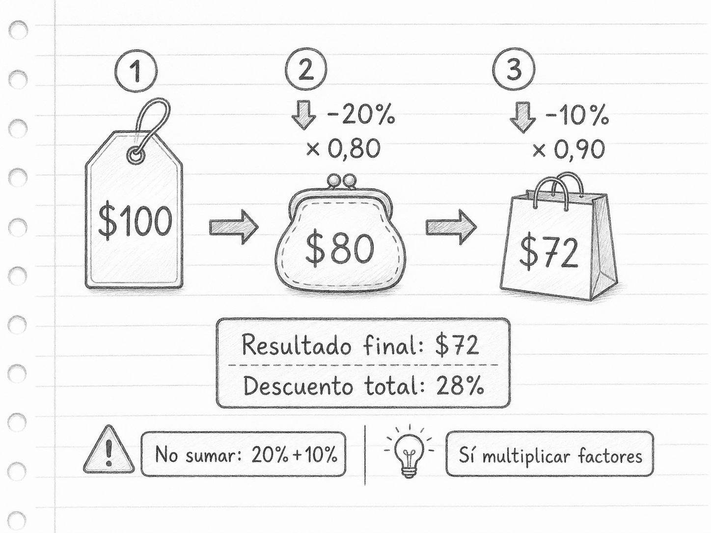 Porcentajes sucesivos: $100 con descuento 20% y luego 10%, multiplicar factores 0,80 y 0,90 para obtener $72