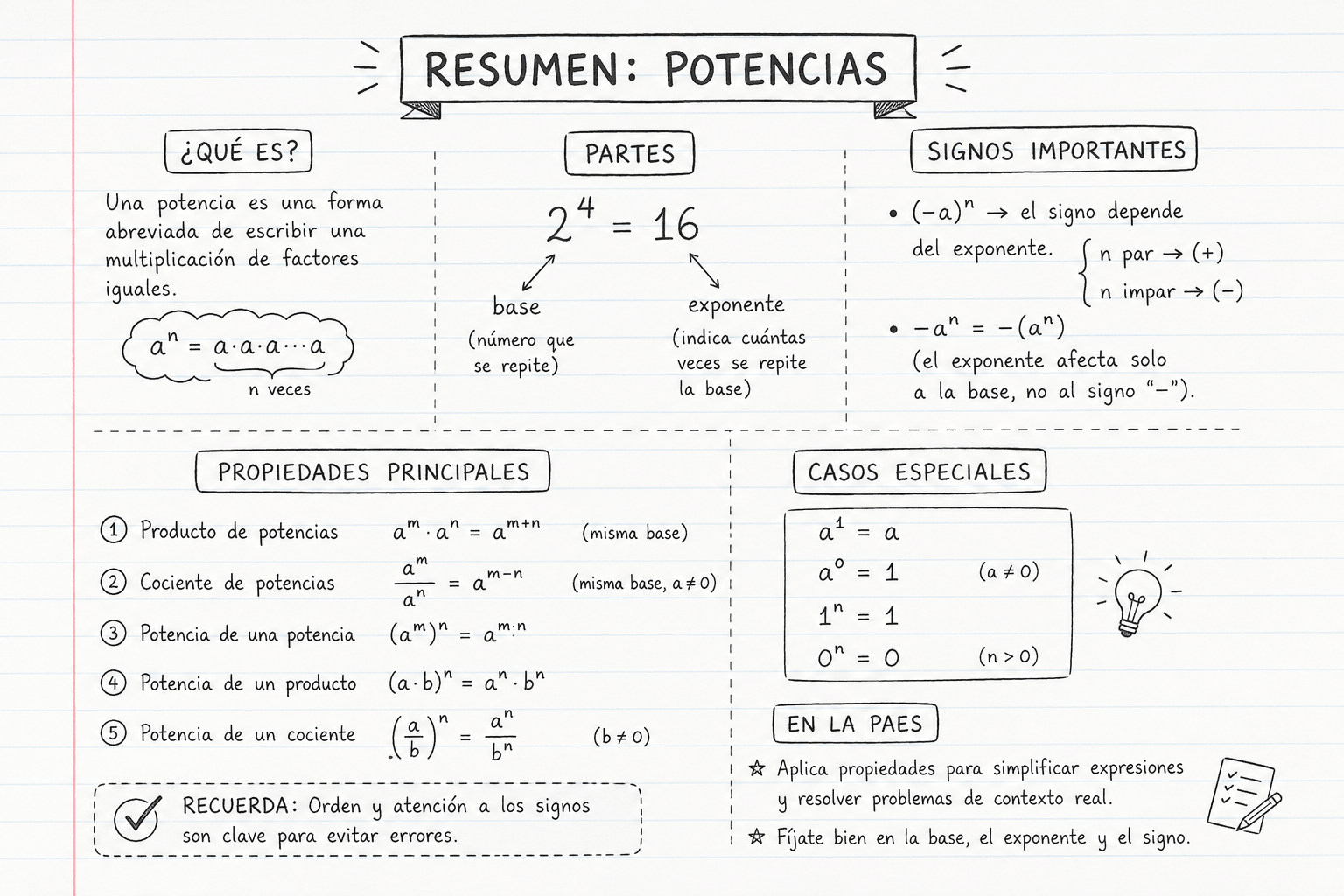 Resumen visual de potencias: propiedades, signos y casos especiales