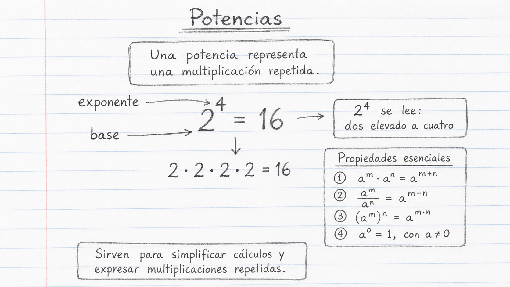 Potencias: 2 elevado a 4, base, exponente y propiedades esenciales