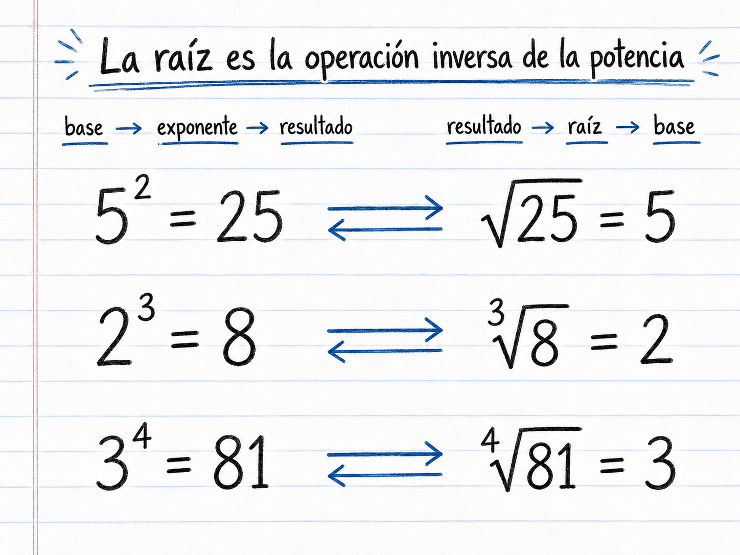 La raíz es la operación inversa de la potencia: 5²=25 ↔ √25=5, 2³=8 ↔ ³√8=2, 3⁴=81 ↔ ⁴√81=3