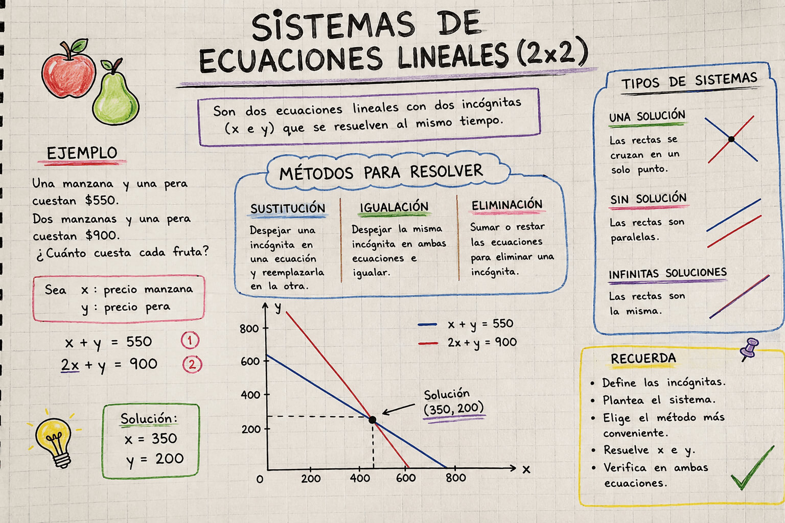 Resumen visual completo de sistemas de ecuaciones lineales 2x2: ejemplo, tres métodos de resolución, gráfico y tipos de sistemas